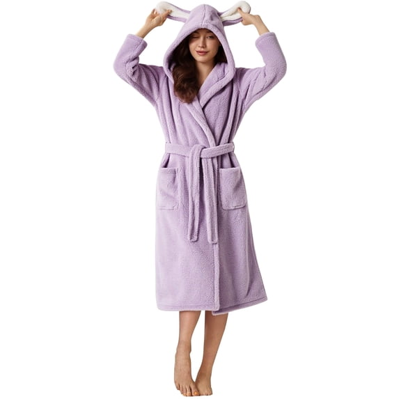 MEICHEN Plush Robes for Women Bathrobe for Women Cute Bow Fuzzy Robe Hooded Bathrobe Collared Plush Fleece Robe with Belt Loungewear Womens Robes