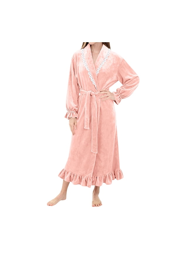 Plush Robes for Women Fleece Maxi Robe for Women Lace Trim Fuzzy Soft Bathrobe Warm Winter Long Sleeve Nightgown Womens Robes