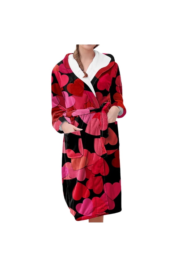 Plush Robes for Women Valentine's Day Fleece Plush Robe Long Warm Plush Bathrobe Loungewear Jacket Printed Comfort Robe Women's Robes