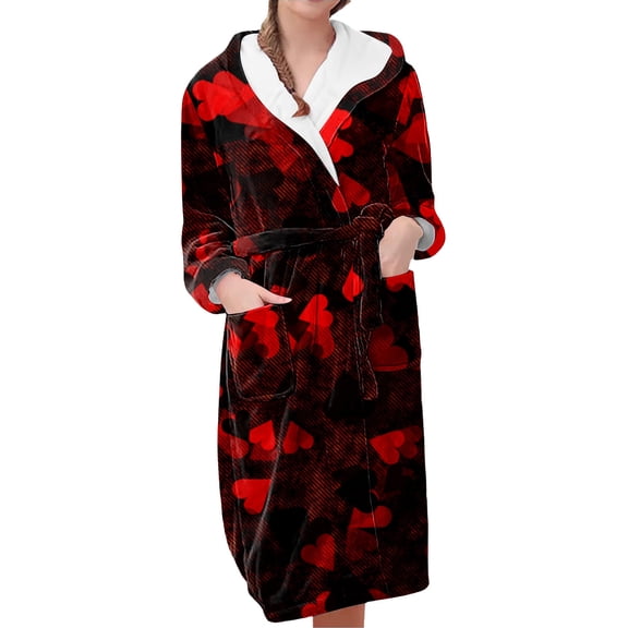 MEICHEN Plush Robes for Women Valentine's Day Fleece Plush Robe Long Warm Plush Bathrobe Loungewear Jacket Printed Comfort Robe Womens Robes