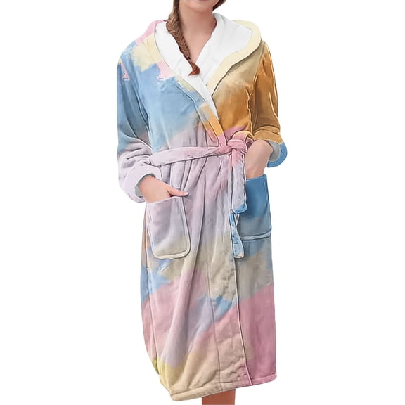 MEICHEN Plush Robes for Women Women's Fleece Plush Robe Long Warm Plush Bathrobe Loungewear Jacket Printed Comfort Robe Women's Robes