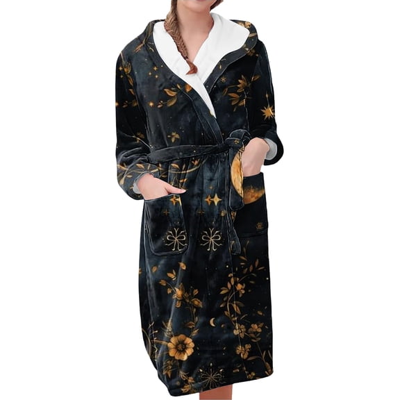 MEICHEN Plush Robes for Women Women's Fleece Plush Robe Long Warm Plush Bathrobe Loungewear Jacket Printed Comfort Robe Women's Robes