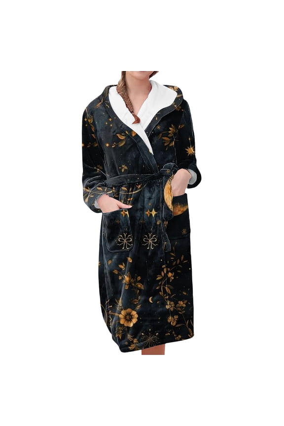 Plush Robes for Women Women's Fleece Plush Robe Long Warm Plush Bathrobe Loungewear Jacket Printed Comfort Robe Women's Robes