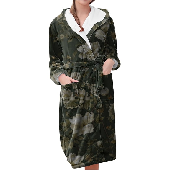 MEICHEN Plush Robes for Women Women's Fleece Plush Robe Long Warm Plush Bathrobe Loungewear Jacket Printed Comfort Robe Women's Robes