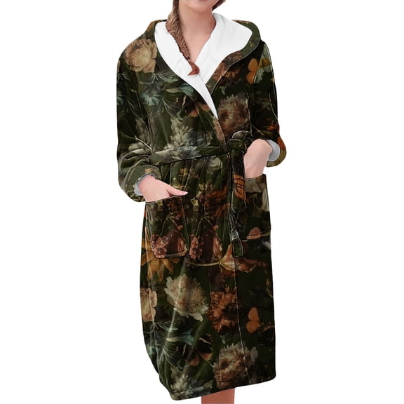 MEICHEN Plush Robes for Women Women's Fleece Plush Robe Long Warm Plush Bathrobe Loungewear Jacket Printed Comfort Robe Women's Robes
