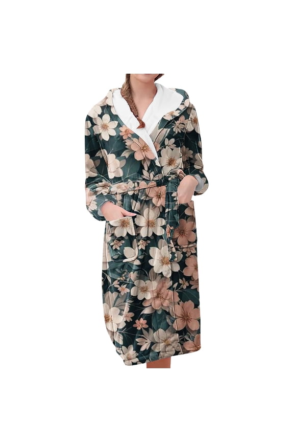 Plush Robes for Women Women's Fleece Plush Robe Long Warm Plush Bathrobe Loungewear Jacket Printed Comfort Robe Women's Robes