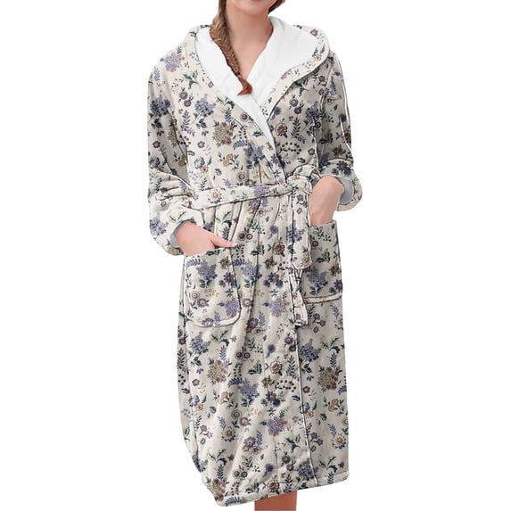MEICHEN Plush Robes for Women Women's Fleece Plush Robe Long Warm Plush Bathrobe Loungewear Jacket Printed Comfort Robe Womens Robes