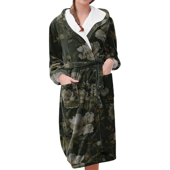MEICHEN Plush Robes for Women Women's Fleece Plush Robe Long Warm Plush Bathrobe Loungewear Jacket Printed Comfort Robe Womens Robes