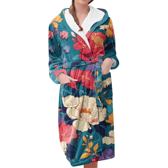 MEICHEN Plush Robes for Women Women's Fleece Plush Robe Long Warm Plush Bathrobe Loungewear Jacket Printed Comfort Robe Womens Robes