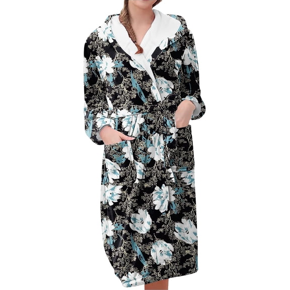 MEICHEN Plush Robes for Women Women's Fleece Plush Robe Long Warm Plush Bathrobe Loungewear Jacket Printed Comfort Robe Womens Robes