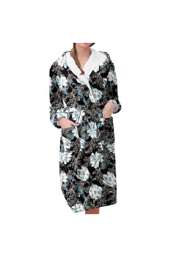 Plush Robes for Women Women's Fleece Plush Robe Long Warm Plush Bathrobe Loungewear Jacket Printed Comfort Robe Womens Robes