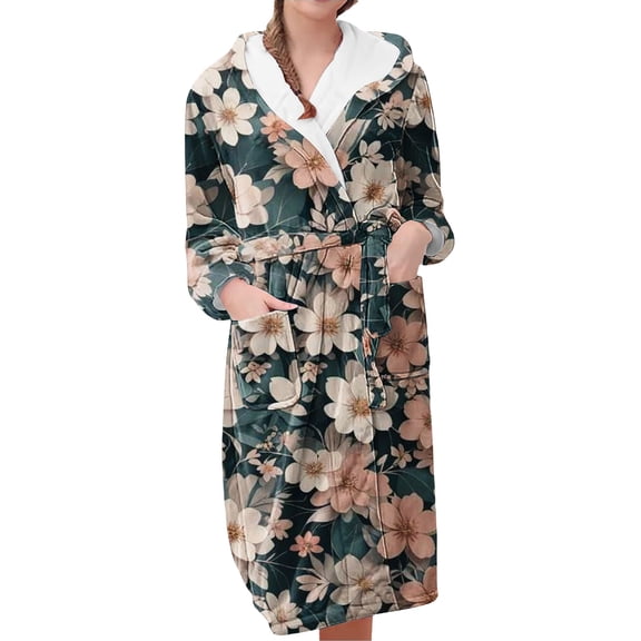 MEICHEN Plush Robes for Women Women's Fleece Plush Robe Long Warm Plush Bathrobe Loungewear Jacket Printed Comfort Robe Womens Robes