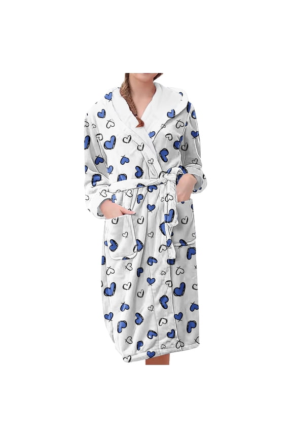 Plush Robes for Women Women's Fleece Plush Robe Long Warm Plush Bathrobe Loungewear Jacket Printed Comfort Robe Womens Robes