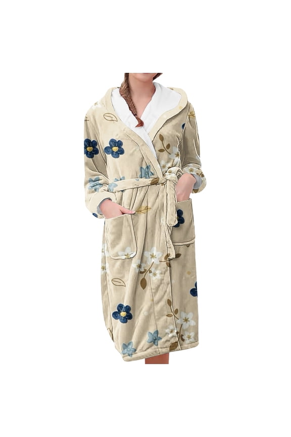 Plush Robes for Women Women's Fleece Plush Robe Long Warm Plush Bathrobe Loungewear Jacket Printed Comfort Robe Womens Robes