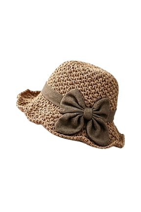 Retro Woven Bucket Hat for Women with Ruffled Bow Summer Mesh Foldable Sun Hat Summer Cloche Church Hat