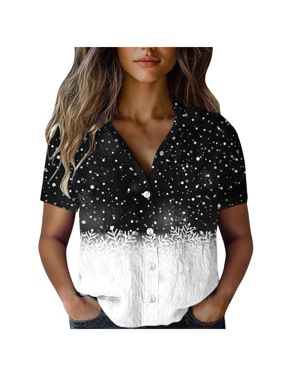 Short Sleeve Button Down Top for Women Fashion Christmas Elegant Snowflake Print Blouse New Years Tshirt