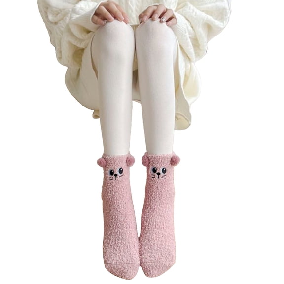 MEICHEN Socks for Delicate Ladies Fashion Thickened Coral Fleece Floor Socks Cartoon Cat Pattern Mid Calf Socks Non Shedding Sleeping Socks Winter Accessories Pink