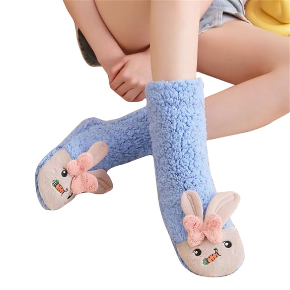 MEICHEN Socks for Elegant Women Fashion Ladies' Mid Calf Thickened Socks with Carrot and Lamb Fleece Patterns Anti Dots for Floor Use and Suitable for Sleeping Winter Accessories Blue