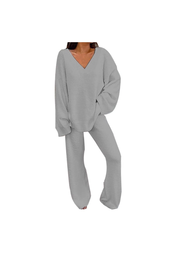 Soft Cozy Pajamas for Women Fuzzy Sets 2 Piece Outfits Long Sleeve Top Wide Leg Pants Pajama Sets Womens Essentials Summer Fall Fashion Sleepwear