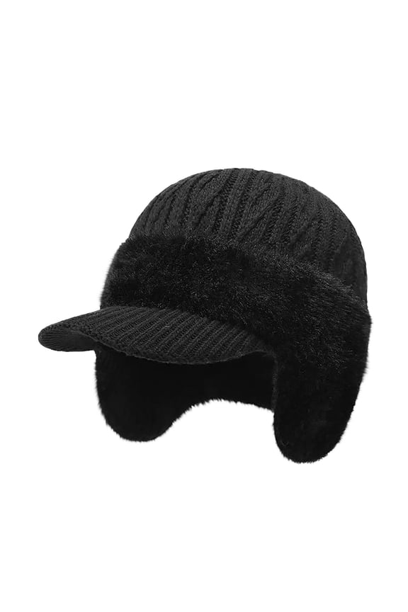 Solid Color Knitted Hats With Earmuffs Winter Cold Proof Wool Warm Stylish Visor Hat for Women
