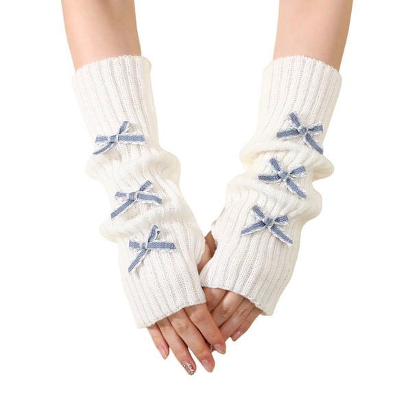 MEICHEN Solid Color Knitted Preppy Style Arm Warmer for Women Fashion Winter Fingerless Gloves Womens Bow Print Mittens