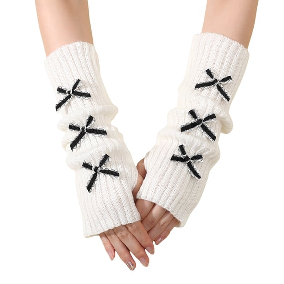 MEICHEN Solid Color Knitted Preppy Style Arm Warmer for Women Fashion Winter Fingerless Gloves Womens Bow Print Mittens
