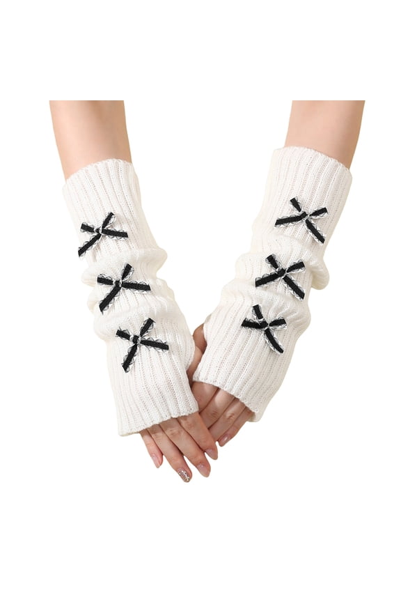 Solid Color Knitted Preppy Style Arm Warmer for Women Fashion Winter Fingerless Gloves Womens Bow Print Mittens
