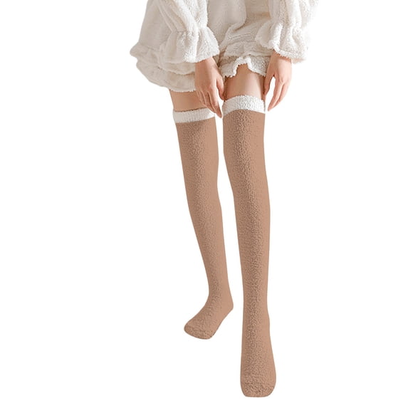 MEICHEN Stockings for Delicate Ladies Fashion Over Knee Coral Fleece Socks Long Tube Socks Winter Warm Sleeping Socks Thickened Striped Floor Socks Winter Accessories Brown