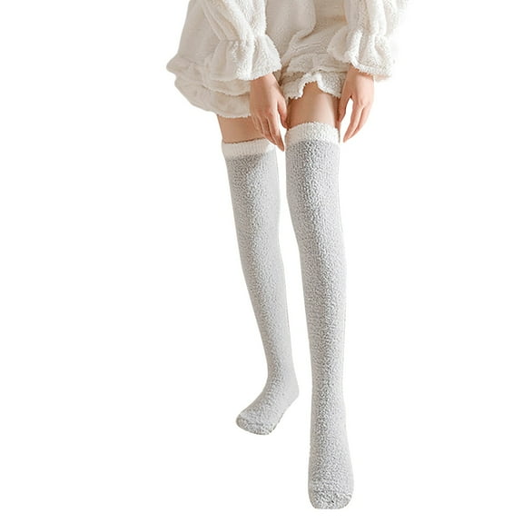 MEICHEN Stockings for Pretty Women Fashion Over Knee Coral Fleece Socks Long Tube Socks Winter Warm Sleeping Socks Thickened Striped Floor Socks Winter Accessories Gray