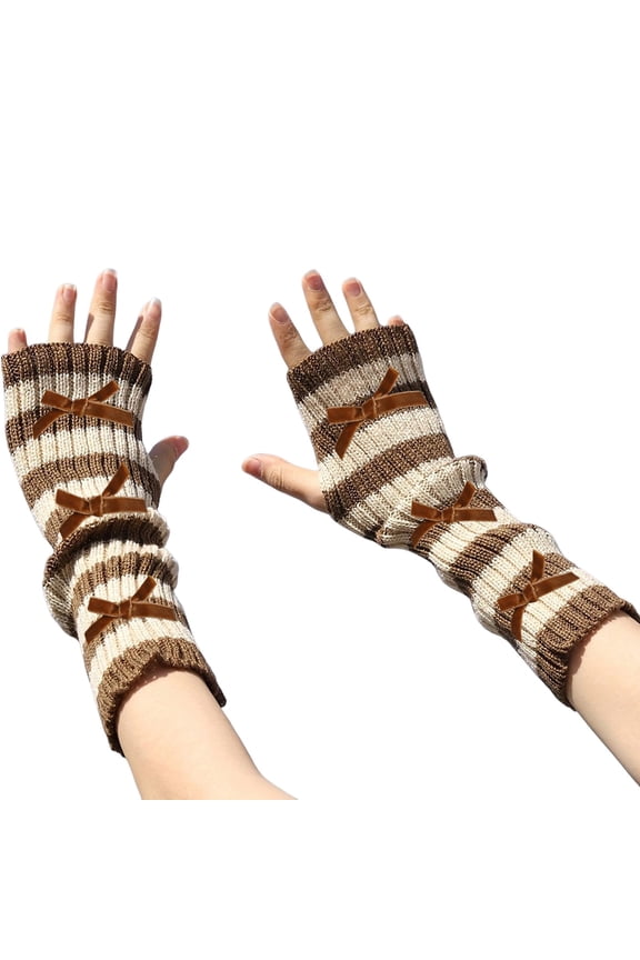 Striped Bow Print Fingerless Gloves for Women Stylish Soft Knit Coldproof Mittens Ladies' Arm Warmer