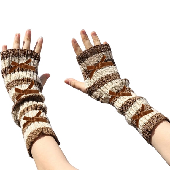 MEICHEN Striped Bow Print Fingerless Gloves for Women Stylish Soft Knit Coldproof Mittens Ladies' Arm Warmer