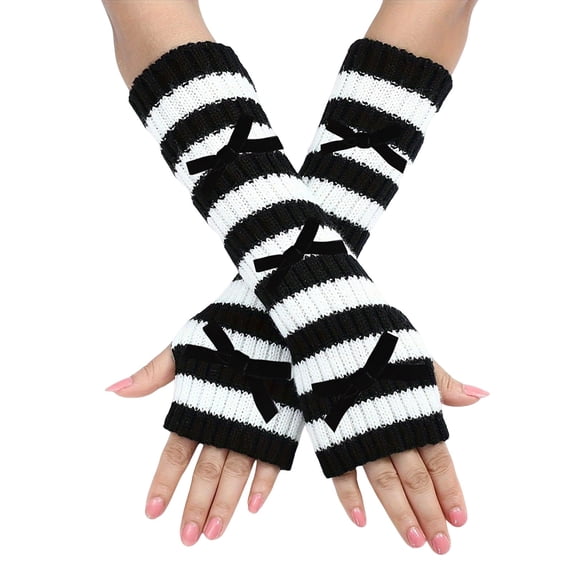 MEICHEN Striped Bow Print Fingerless Gloves for Women Stylish Soft Knit Coldproof Mittens Ladies' Arm Warmer