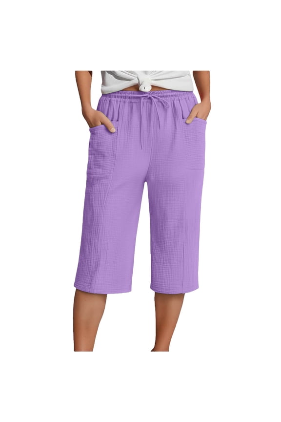 Summer Linen Capris for Women Lightweight Muslin Trousers with Pockets Causal Loose Elastic Pants Sport Leisure Beach Pants