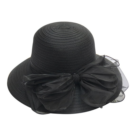 MEICHEN Tea Party Hats for Women Elegant Church Wedding Cap Summer Wide Brim Beach Sun Hat Plain Church Hat Black