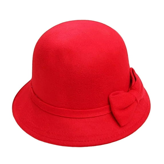 MEICHEN Tea Party Hats for Women Wide Brim Round Dome Warm Woolen Hat Elegant Bowknot Decor Fedora Hat Plain Church Hat Red