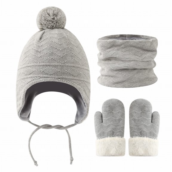 MEICHEN Thermal Set for Delicate Girls and Boys Fashion Winter Hat Gloves Scarf Set Beanie with PomPom Fleece Lined Mittens Neck Warmer 3 Pcs Set Winter Accessories Gray