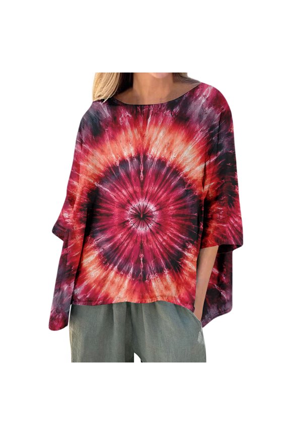 Tie Dye Pattern Women's Summer Casual Loose T Shirts Mid Sleeve Sexy Cute Tops Daily Wear Blouse for Women