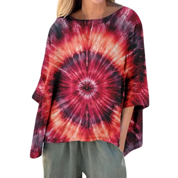 MEICHEN Tie Dye Pattern Women's Summer Casual Loose T Shirts Mid Sleeve Sexy Cute Tops Daily Wear Blouse for Women
