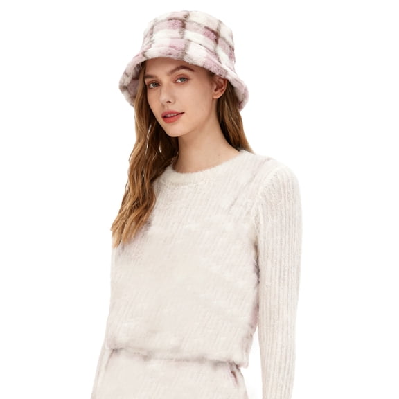 MEICHEN Trendy Women's and Men's Bucket Hat Checked Thickened Plush Fisherman Hat Warm Outdoor Sun Hat for Autumn and Winter Unisex Casual Fisherman Hat Winter Accessories Pink