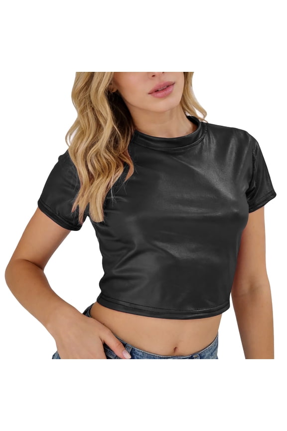 Tshirts for Women Chic Sexy Leather Crop Top Tee for Women Slim Fit Short Cropped Tee Summer Clothes Fall Fashion Essentials