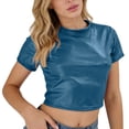 thumbnail image 1 of MEICHEN Tshirts for Women Chic Sexy Leather Crop Top Tee for Women Slim Fit Short Cropped Tee Trendy Summer Fall Essentials Clothing, 1 of 4