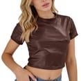 thumbnail image 1 of MEICHEN Tshirts for Women Chic Sexy Leather Crop Top Tee for Women Slim Fit Short Cropped Tee Trendy Summer Fall Essentials Clothing, 1 of 4