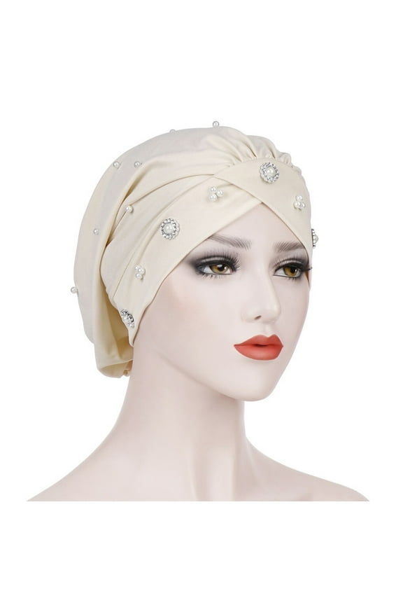 Turbans for Women Women Cross Forehead Small Beaded Turban Hat Night Hat Chemotherapy Hat Muslim Baotou Hat All Seasons Fashion Must Have