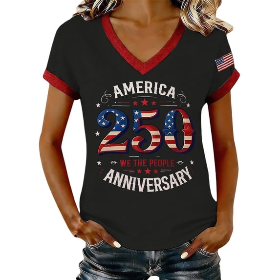 MEICHEN Usa 250th Anniversary Graphic Tee for Women Print V Neck T Shirt Casual Soft Short Sleeve Patriotic Top