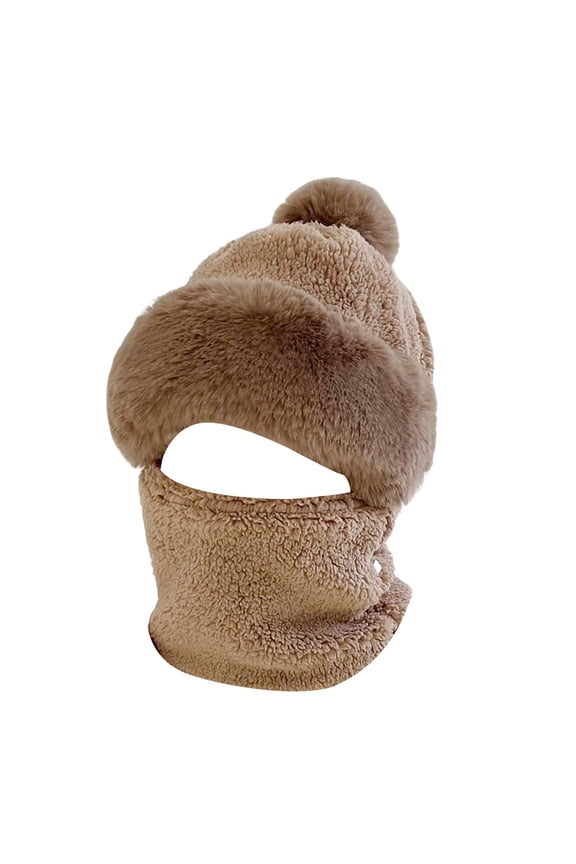 Winter Plush Beanie Hat for Women Fashion Solid Color Scarf Integrated Warm Knitted Bomber Hat