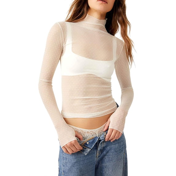 MEICHEN Women Sexy Lace Mesh Long Sleeve Shirts Slim Cut Crop Tops Going Out Layering Slim Fit Tee Streetwear Clothing
