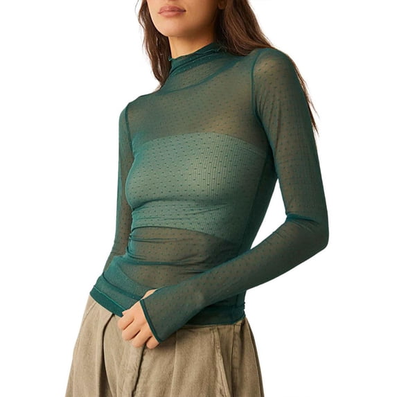 MEICHEN Women Sexy Lace Mesh Long Sleeve Shirts Slim Cut Crop Tops Going Out Layering Slim Fit Tee Streetwear Clothing