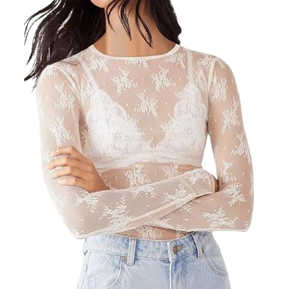 MEICHEN Women Sexy Lace Mesh Long Sleeve Shirts Slim Cut Crop Tops Going Out Layering Slim Fit Tee Streetwear Clothing