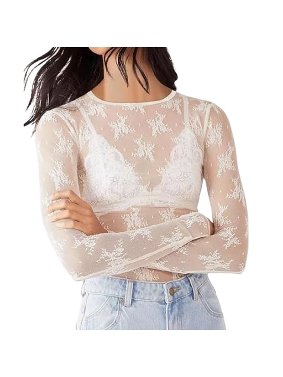 Women Sexy Lace Mesh Long Sleeve Shirts Slim Cut Crop Tops Going Out Layering Slim Fit Tee Streetwear Clothing