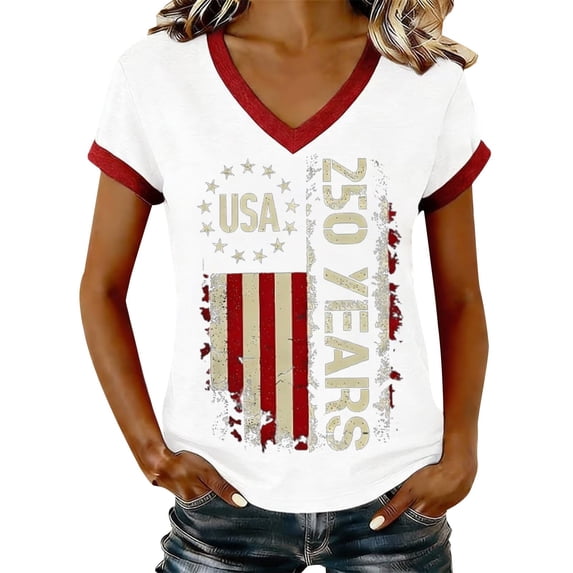 MEICHEN Women's 250Th Anniversary Print V Neck T Shirt 250Th Anniversary Tshirt Patriotic Tee